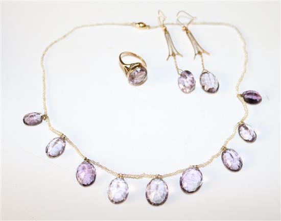 9ct gold and amethyst suite of jewellery, comprising a necklace, ring and pair of earrings